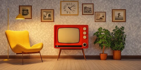 Fototapeta premium Retro living room with vintage furniture and nostalgic decor. AI generated illustration