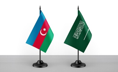 Image of the table flag of Azarbaijan and Saudi Arabia countries. White background. Close-up flags....