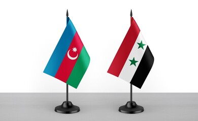Image of the table flag of Azarbaijan and Syria countries. White background. Close-up flags. High...