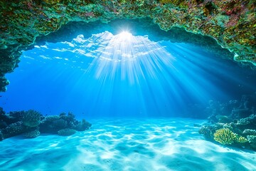 Obraz premium Mesmerizing Underwater Coral Cave Teeming with Vibrant Marine Life