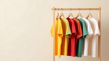Obraz premium Colorful tshirts hanging on wooden hanger in fashionable display on gray background