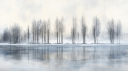 Serene winter landscape with leafless trees reflected in a calm, snowy lake under a misty sky.