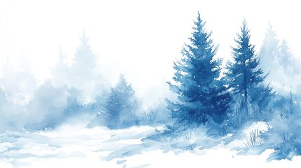 Naklejka premium Watercolor painting of a serene winter landscape with two prominent evergreen trees covered in snow, set against a misty background of a snowy forest.