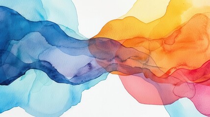 Abstract watercolor artwork with flowing shapes in vibrant blue, orange, and red hues, blending harmoniously to evoke creativity and movement. 
