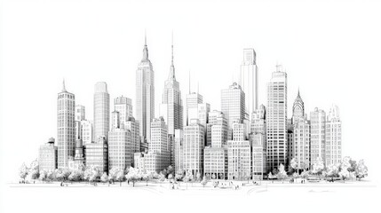 A detailed monochromatic illustration showcasing a skyline with iconic skyscrapers and distinctive architectural features, representing urban life.