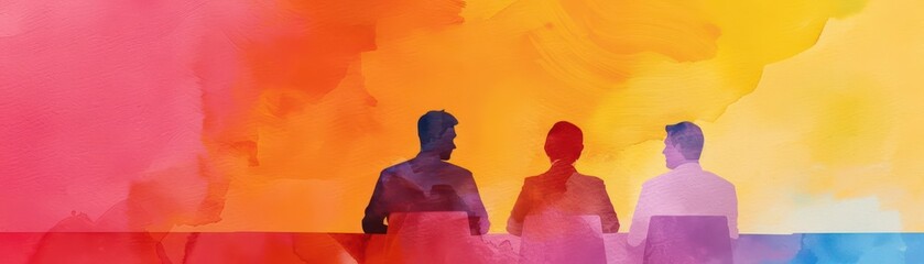 Three silhouetted individuals sitting at a table, engaged in discussion, with a vibrant watercolor background in red, orange, and yellow tones.