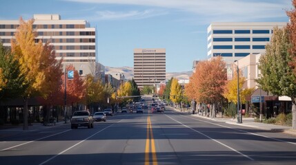Vibrant Autumn City Street with Towering Buildings and Colorful Trees