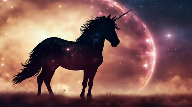 a unicorn silhouette galaxy nebula cloud raster illustration wonder star horse fairy pink starry lust mystery strange beautiful pastel universe concept fantasy glistering flying pegasus