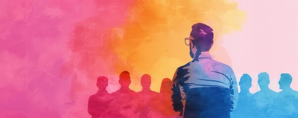Rear view of a man addressing a silhouetted audience, set against a dynamic pink, orange, and blue watercolor background.