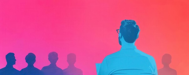 Back view of a man addressing a group, silhouetted audience on a vibrant red and blue gradient background.