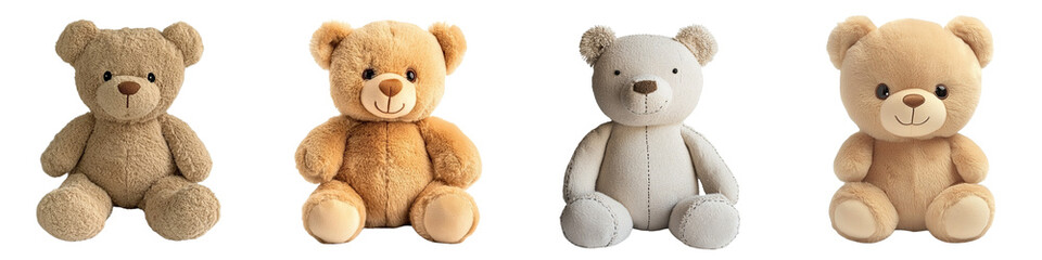 Fototapeta premium A Set of Adorable Plush Teddy Bears Sitting Upright with Cheerful Expressions on Transparent Background