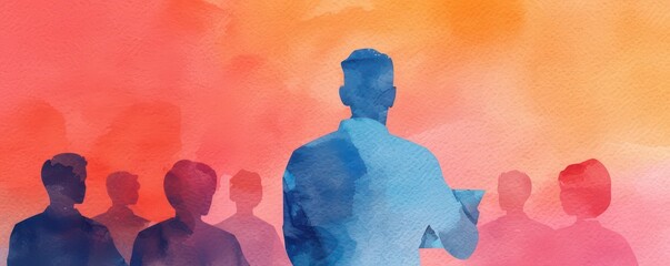 Watercolor sketch of a leader presenting to a team in a modern office, with soft gradients emphasizing the collaborative environment, teamwork business, inspiring leadership