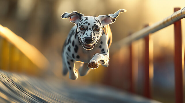 Dog dashes through agility course in a vibrant outdoor setting during golden hour