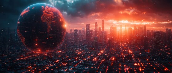 Futuristic cityscape with a large Earth and vibrant colors 