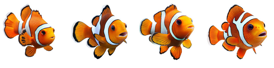 A Set of Colorful Clownfish Looking Upward Isolated on Transparent Background