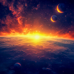 Obraz premium Spectacular sunrise illuminating a cluster of planets in deep space