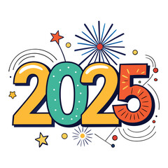 Hello 2025 gold fireworks vector illustration numbers logo illustration on white background.