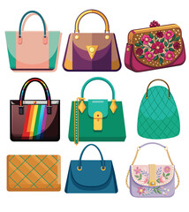 A collection of colorful, stylish handbags