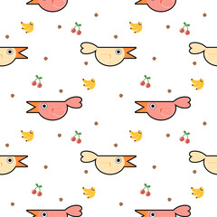 Bird red and yellow cartoon so cute. On banana cherry white background. Pattern seamless vector illustration. 