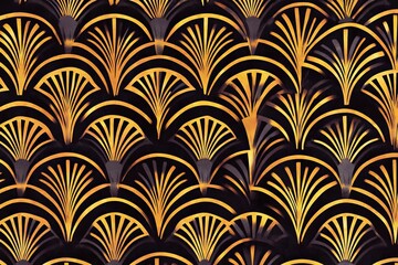 Elegant Art Deco Pattern with Golden Fan Shapes on a Dark Background, Perfect for Vintage and Glamorous Designs in Fashion and Interior Decor Projects