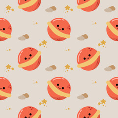 Saturn smile cartoon so cute. On star cloud background. Pattern seamless vector illustration. 