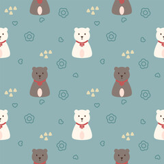Bear brown white cartoon so cute. On flower heart green background. Pattern seamless vector illustration. 
