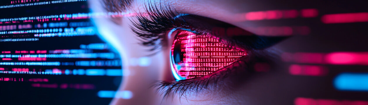 Close up of an eye reflecting binary code, showcasing the intersection of human vision