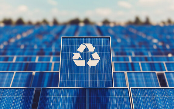 Solar panels with a recycle symbol emphasize sustainability and renewable energy.