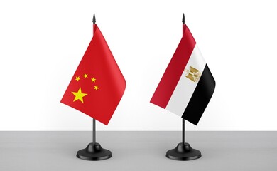 Image of the table flag of China and Egypt countries. White background. Close-up flags. High...