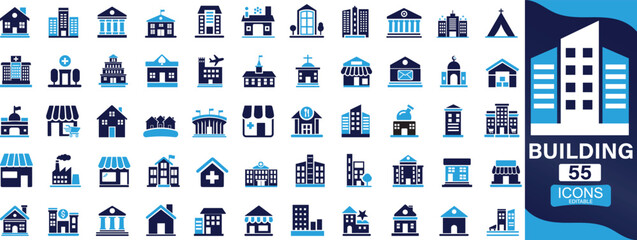  Building icon set. house, office, bank, school, hotel, shop, university, hospital You can easily change the color.