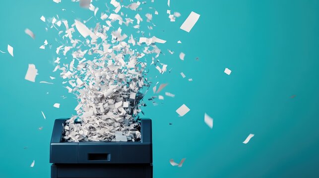 A shredder ejecting shredded paper confetti with flying whole documents frozen in motion.