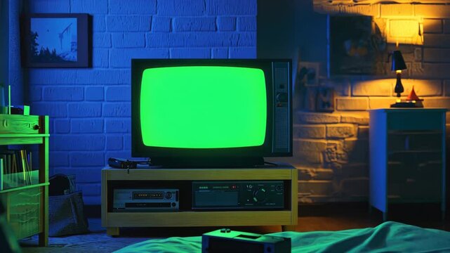 Cozy living room with vintage television set green screen, nostalgic atmosphere. Collection old media scattered on floor. Old retro box tv with mock up, chroma key template. Empty mockup, blank space.