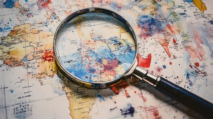 Watercolor Map with Magnifying Glass Illustration