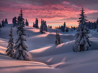 idyllic winter landscape at sunset. The scene should feature rolling snow-covered hills dotted with evergreen trees, their branches heavy with fresh snow