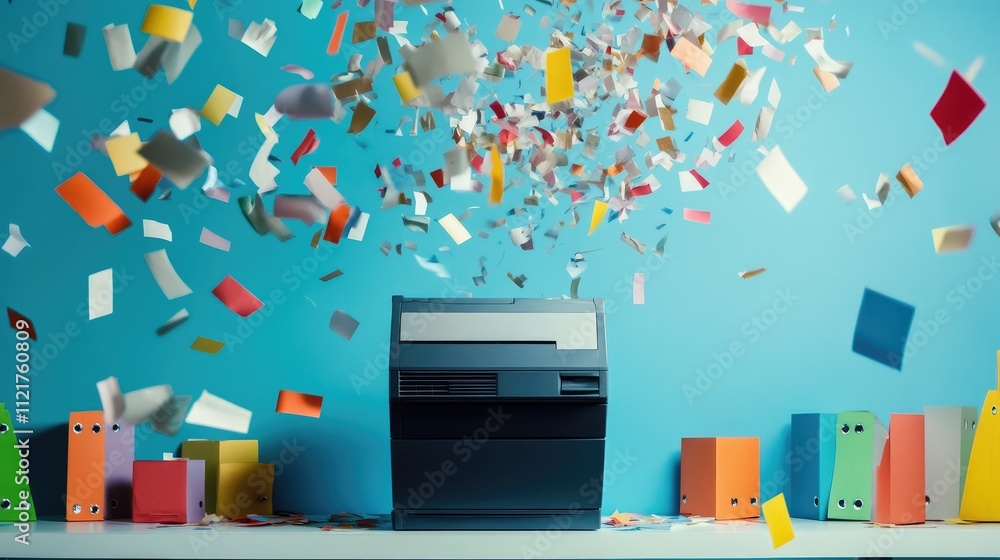 Poster an isolated shredder with colorful papers flying chaotically in a creative studio setup.