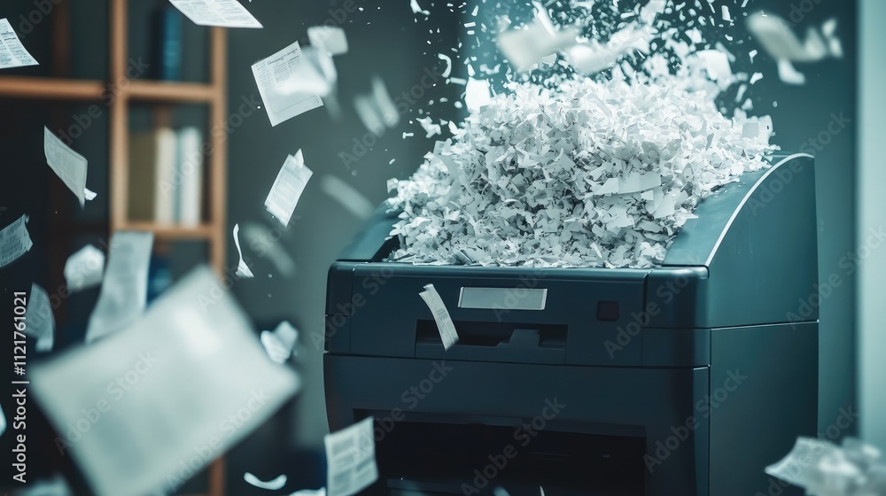 Poster compact office shredder ejecting shredded paper streams with whole pages floating nearby.