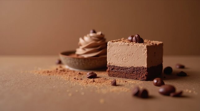 Chocolate mousse cake with layered textures and cocoa sprinkles. Soft trendy brown mocha mousse background