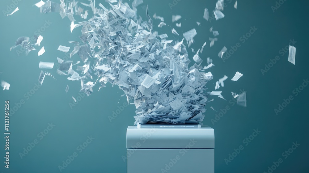 Poster high-speed image of a shredder ejecting shredded paper while intact sheets fly outward.