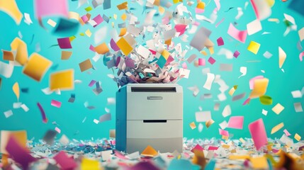 Fototapeta premium Modern shredder surrounded by a whirlwind of colorful papers flying chaotically.