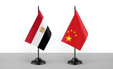 Image of the table flag of Egypt and China countries. White background. Close-up flags. High...