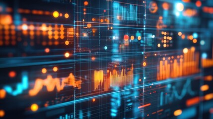 Vibrant Financial Data Visualization with Glowing Graphs and Charts