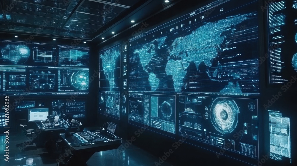 Poster futuristic command center with advanced technology interfaces