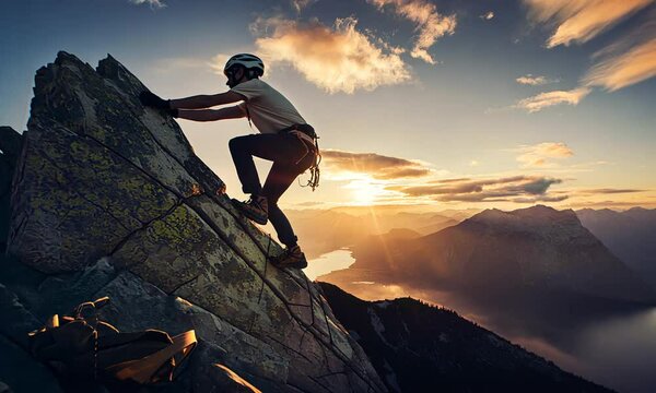 A rock climber climbs a high mountain. A climber in equipment conquers the top of a mountain. Concept: conquering the peak, determination and endurance.