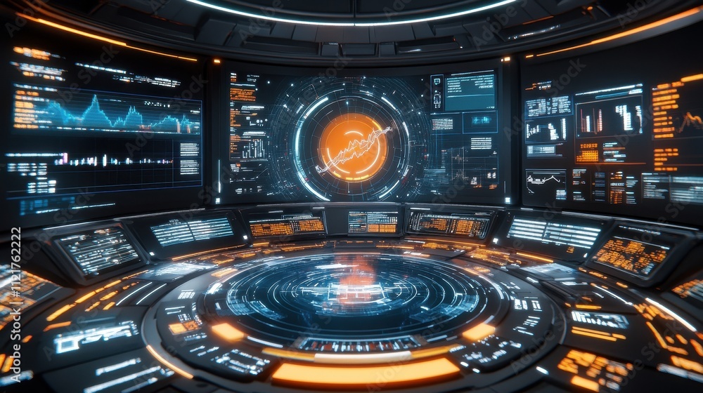 Poster futuristic control room with advanced technology and data visualization