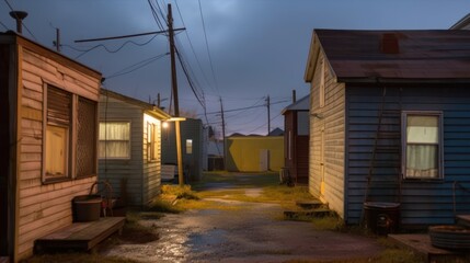 A quiet alleyway at dusk, lined with small houses and illuminated by a streetlamp.