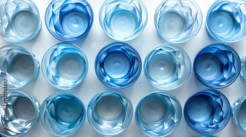 Poster overhead view of many small blue cups arranged in rows.