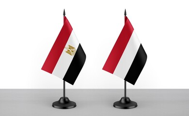 Image of the table flag of Egypt and Yemen countries. White background. Close-up flags. High...