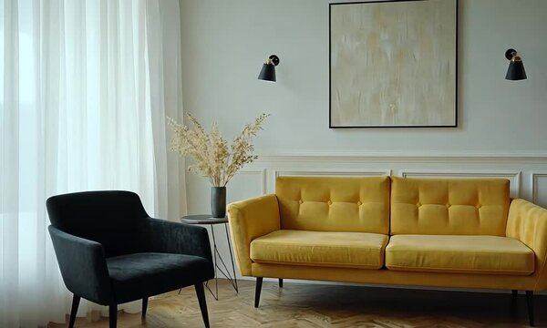 Mustard Yellow Sofa in a Modern Minimalist Living Room with Wooden Armoire