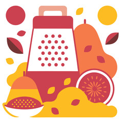 Vector illustration of whole nutmeg with a grater and a small mound of ground nutmeg, perfect for culinary and kitchen-themed designs. Ideal for food, spice, and cooking graphics.