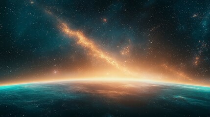 Obraz premium A mesmerizing view of the cosmos, showcasing a vibrant galaxy against the backdrop of a glowing horizon, inspiring a sense of wonder and exploration.